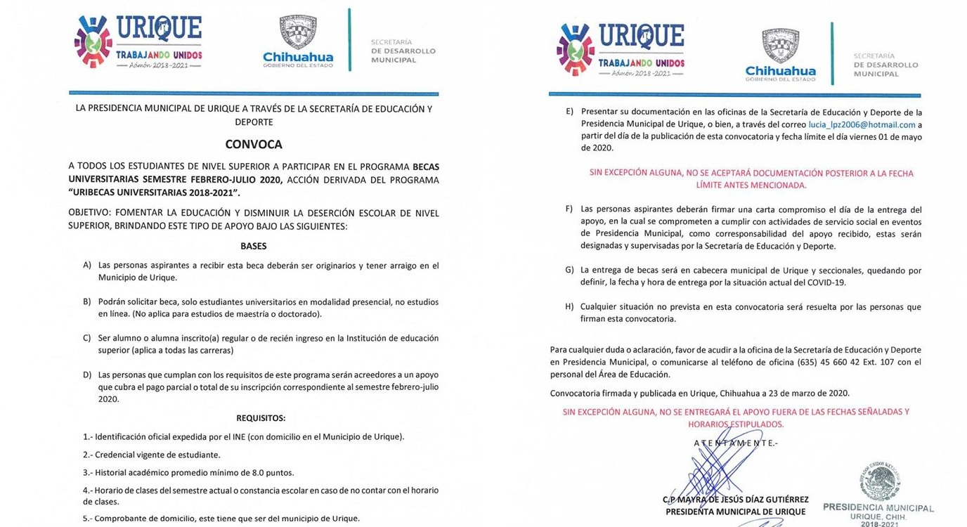 Ponen en marcha convocatoria de becas universitarias en Urique, Semestre Febrero-Julio 2020