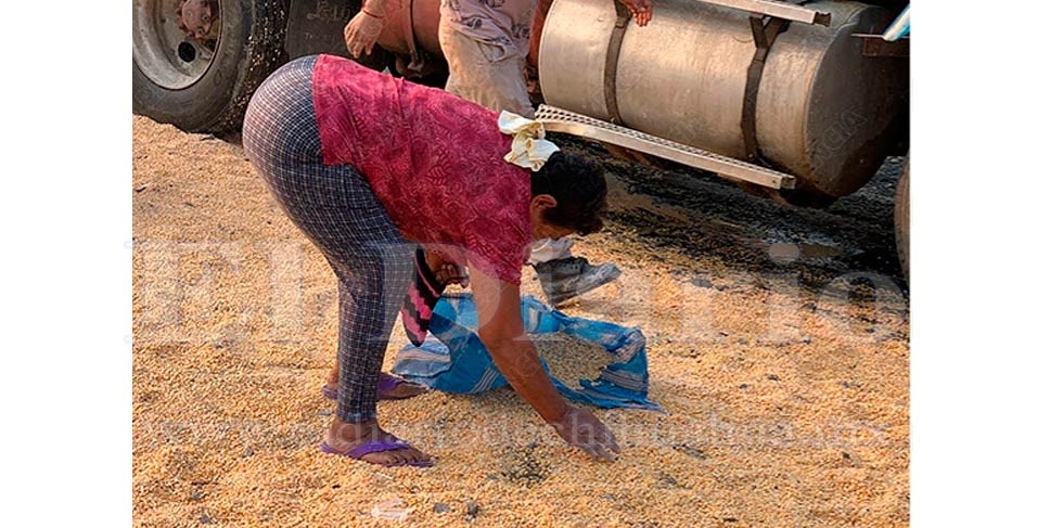 Rapiñan maíz de tráiler volcado rumbo a Torreón